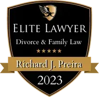 A shield with the words elite lawyer divorce & family law on it.